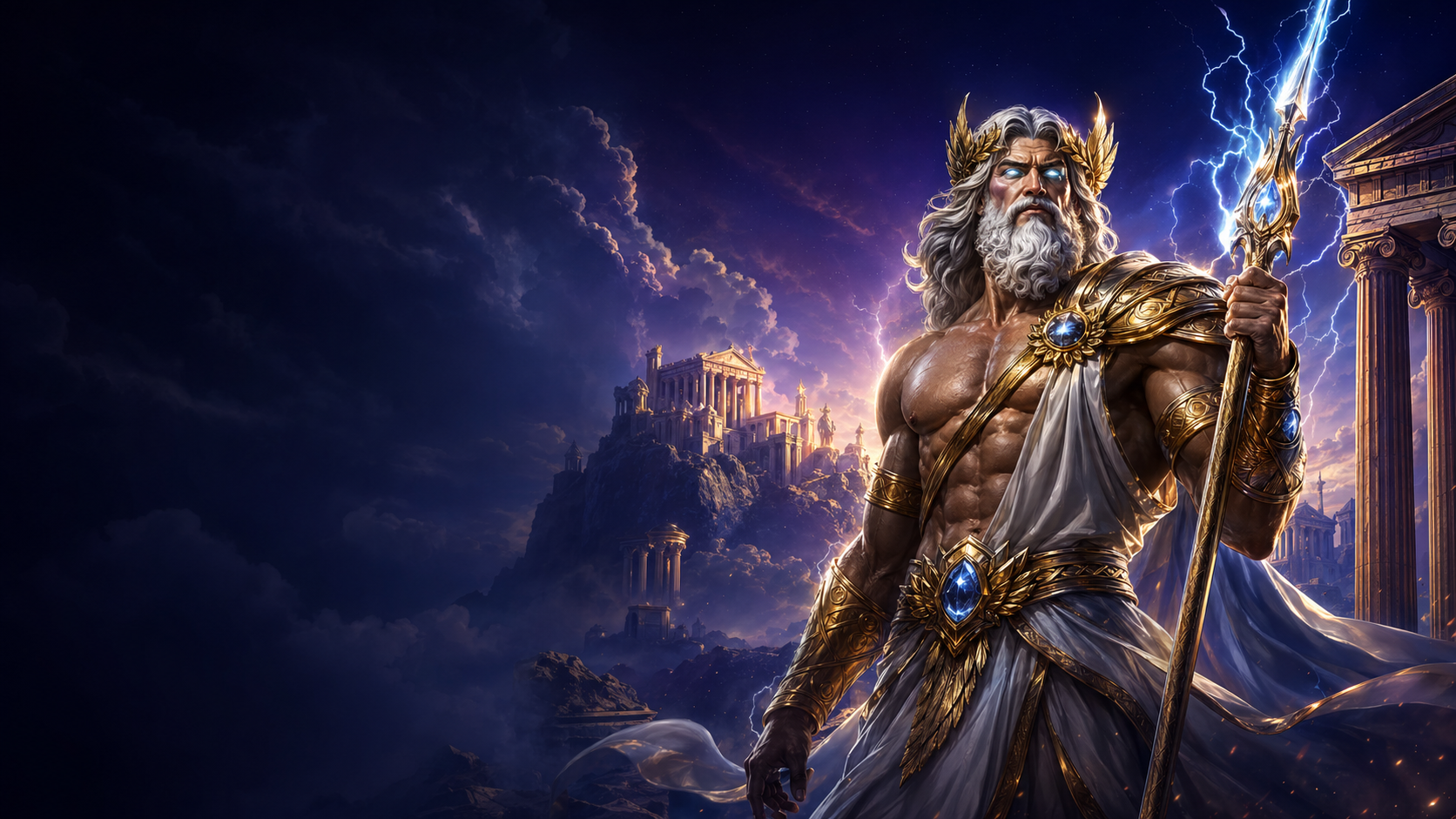 Zeus на фоні Олімпу з блискавкою у темному premium casino стилі